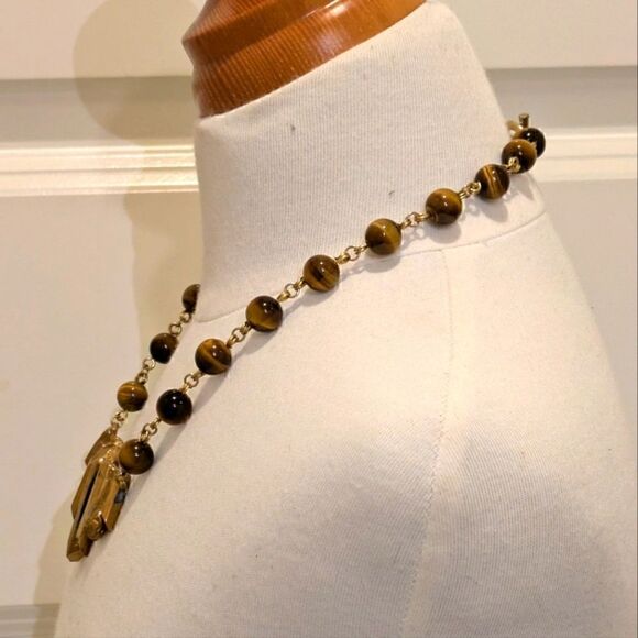 Handmade Genuine Tiger's Eye and Gold Painted Quartz Point Goldtone Necklace - Picture 5 of 6